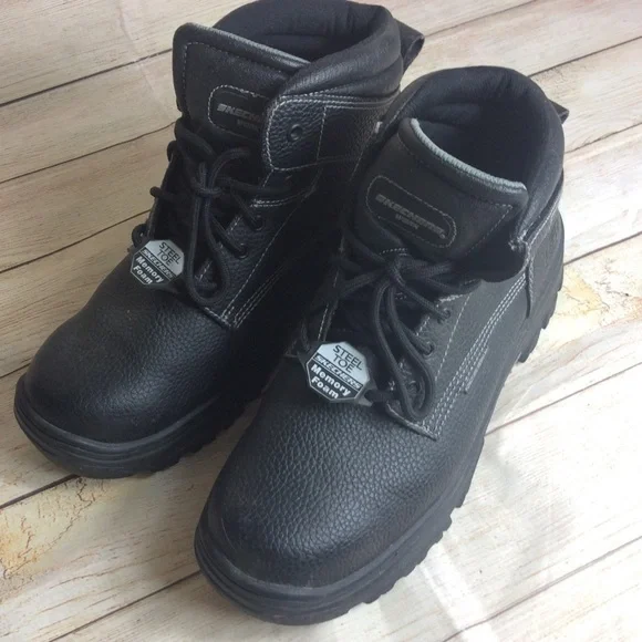 Sketchers air cooled steel toe work boots 11.5 W wide Black leather